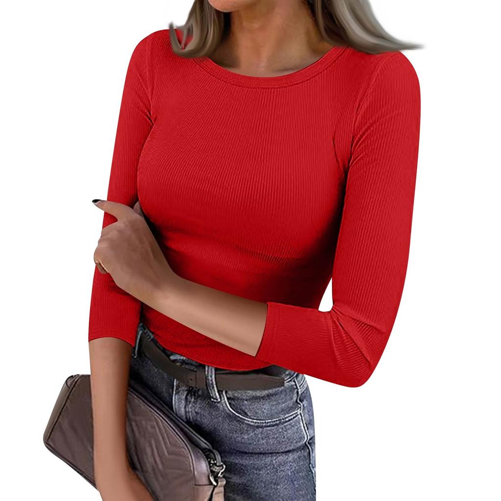 Women's Slim Bottom T-shirt Fashion Casual Color Round Neck Pullover 3/4 Sleeve Top
