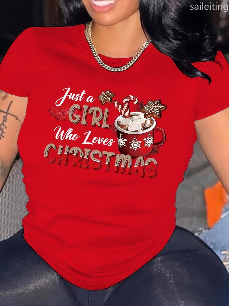 Festive Christmas Tee  Womens Plus Size Just A Who Loves ChristmasGraphic TShirt  Red Crew Neck Sleeve with Snowflake