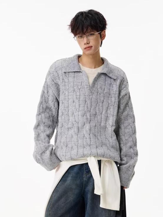 Unisex Faux Two-Piece V-Neck Knit Sweater - Loose, Lazy Style Wool Base Layer for Autumn/Winter.