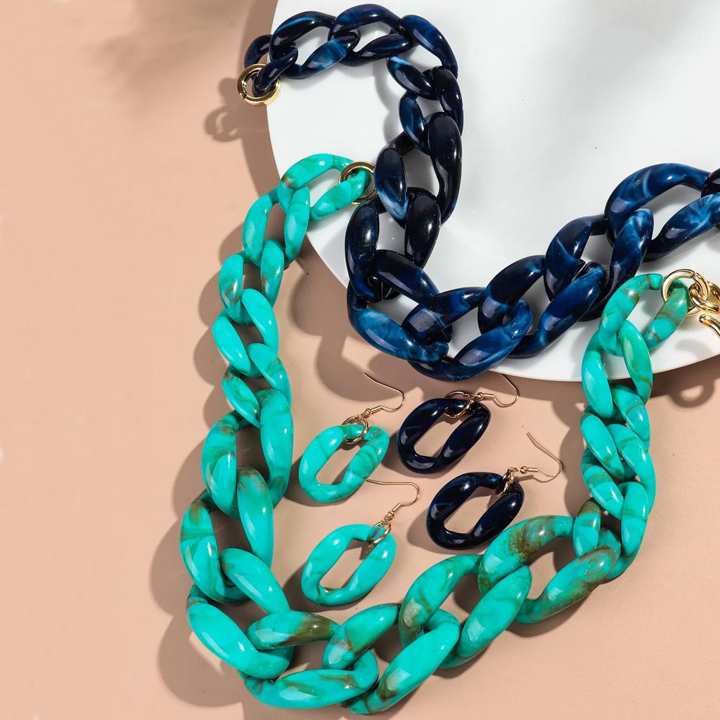 Statement Acrylic Earring Necklace Set for Women Men Boho Thick Link Chain Pendant Rock Jewelry Gifts