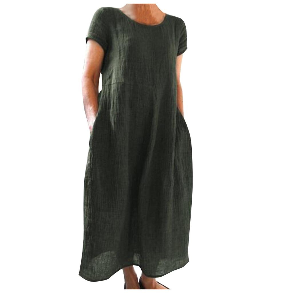 Women's Summer Fashion Casual Solid Color Short-sleeved Round Neck Pocket Loose Cotton And Linen Dress
