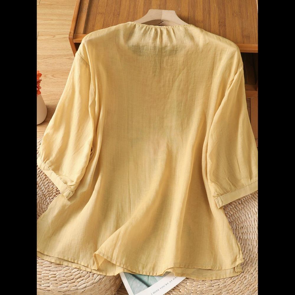 Women's V Neck Three Quarter Sleeve Loose Fit Cotton Linen Blouse Vintage Embroidered Pullover Top