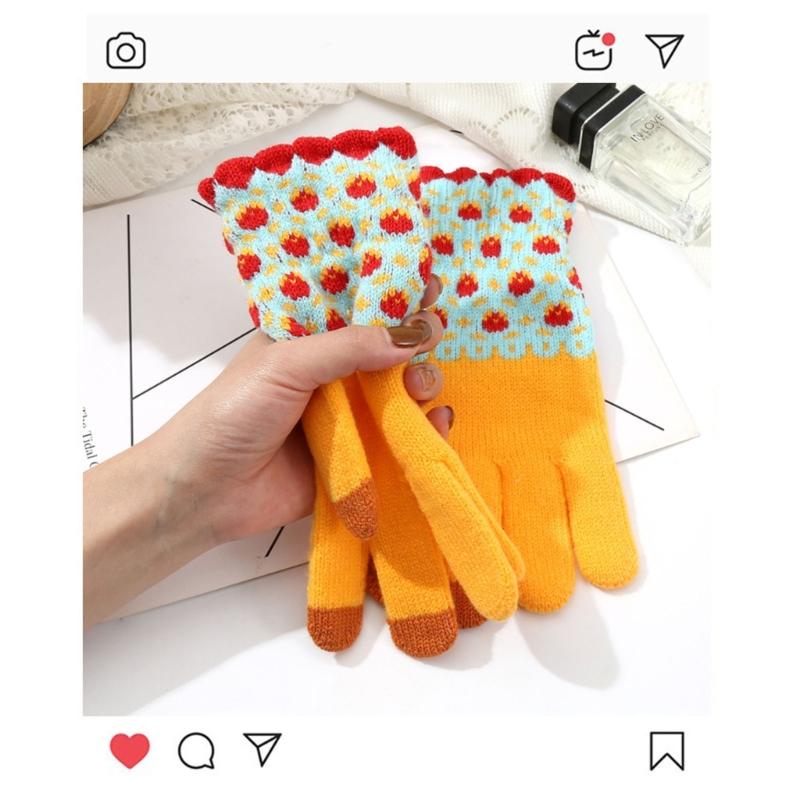 Flower Pattern Knitted Gloves For Women Girl Stylish Design Windproof Thick Warm Handwear for Cycling Skiing Daily Use