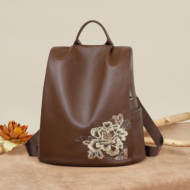 Women s Genuine Leather Backpack - Peony Embroidery Casual Shoulder Bag коричневый