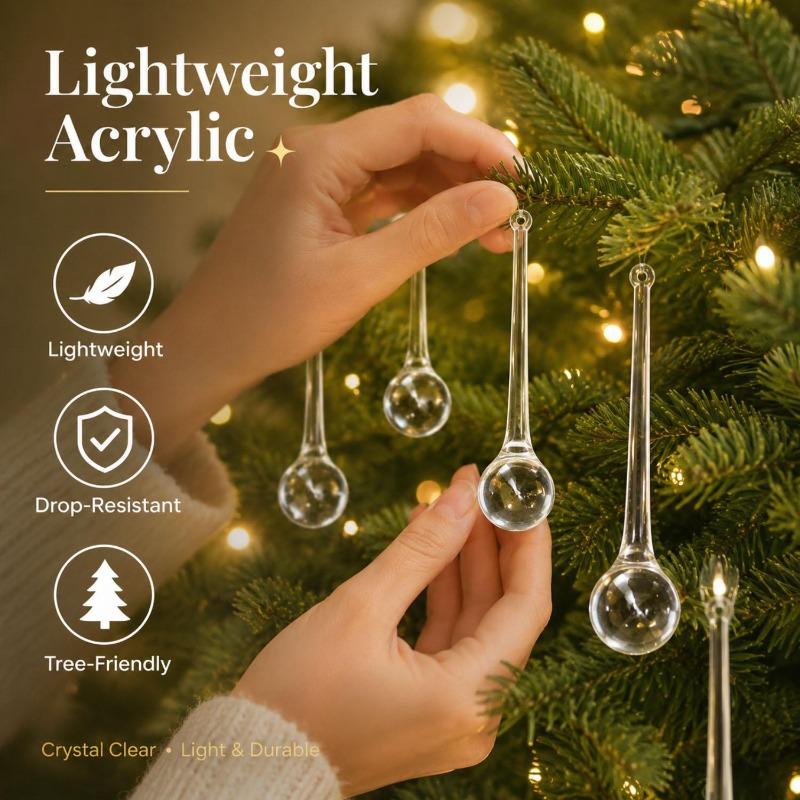 Boules en Acrylique Transparentes Goutte d'Eau Tige Longue Boule Ronde Goutte Ornements Suspendus Décorations Sapin de Noël Décor Suspendu Fenêtre