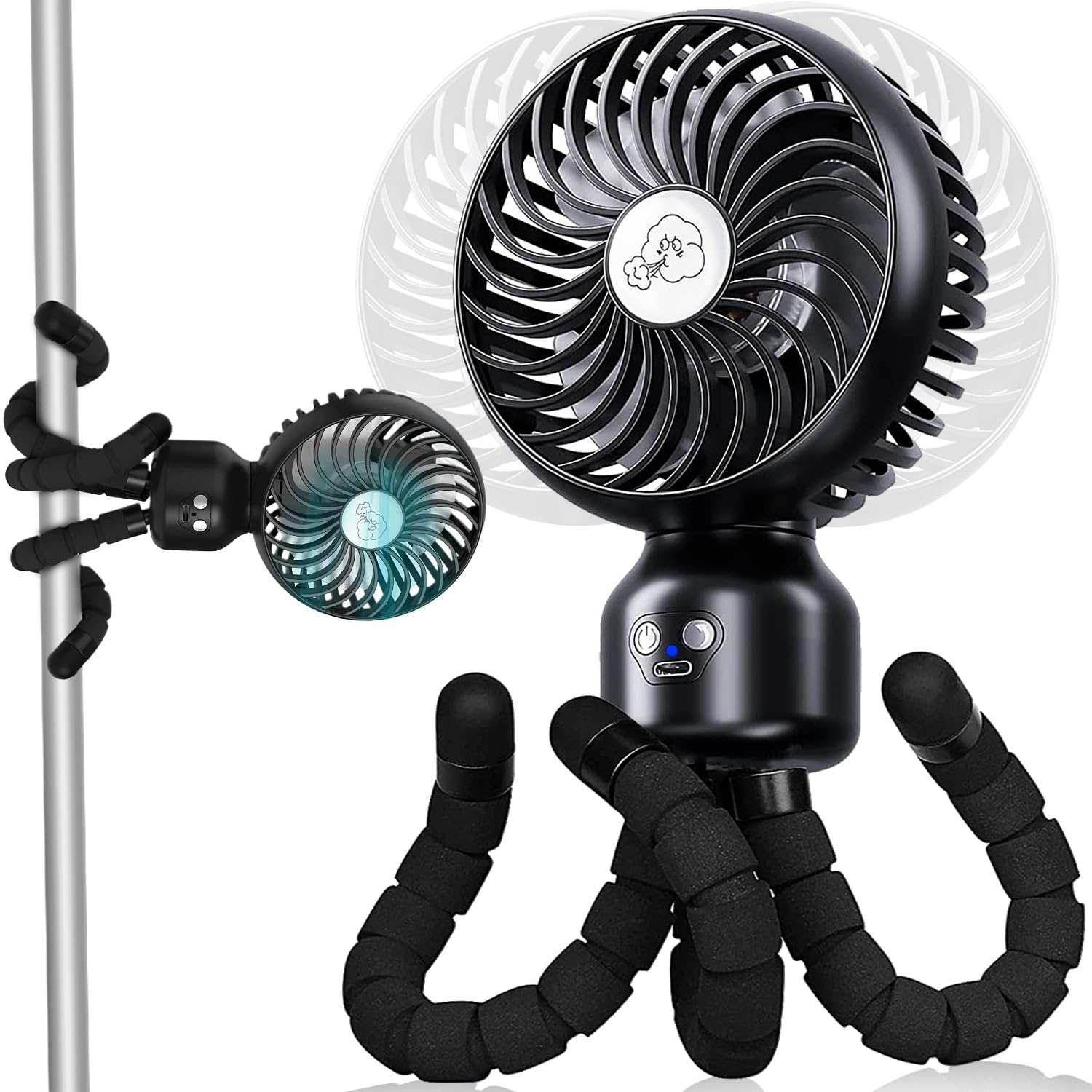 

Portable Rechargeable Fan with Automatic Oscillation and Flexible Airflow Perfect for Outdoor Heatstroke Black Winding, Compact, USB-Powered, 4-Way