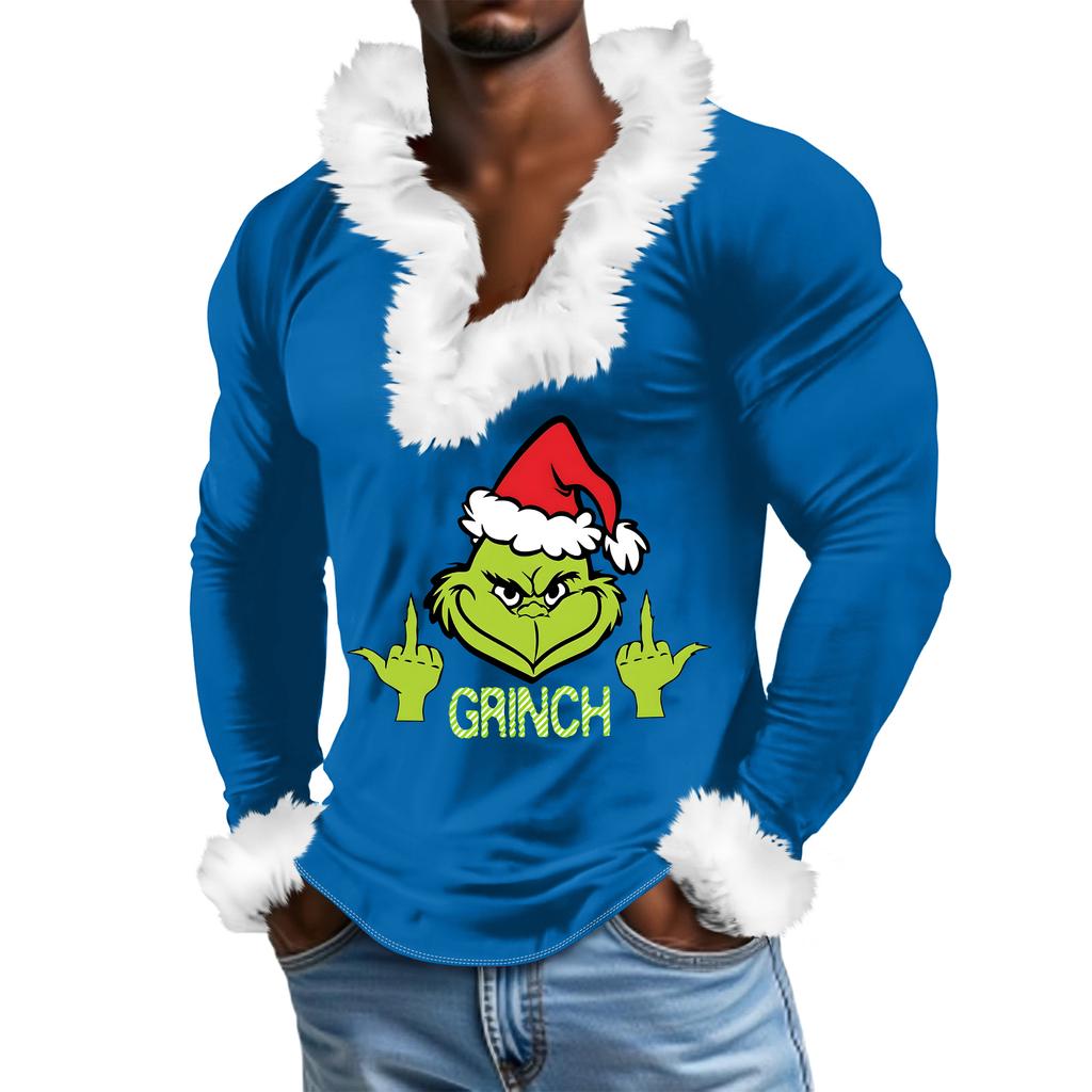 Herren Lässiges Cartoon Bedrucktes Plüsch V-Ausschnitt Mit Fleece Langärmliges Sweatshirt