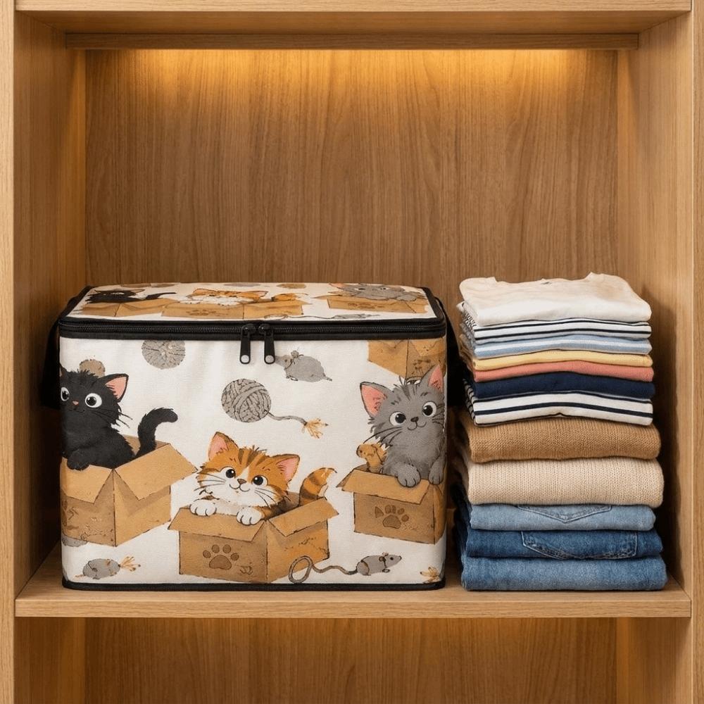 Non-woven Fabric Clothing Storage Box with Lid Cat Pattern Wardrobe Basket Clothing Storage