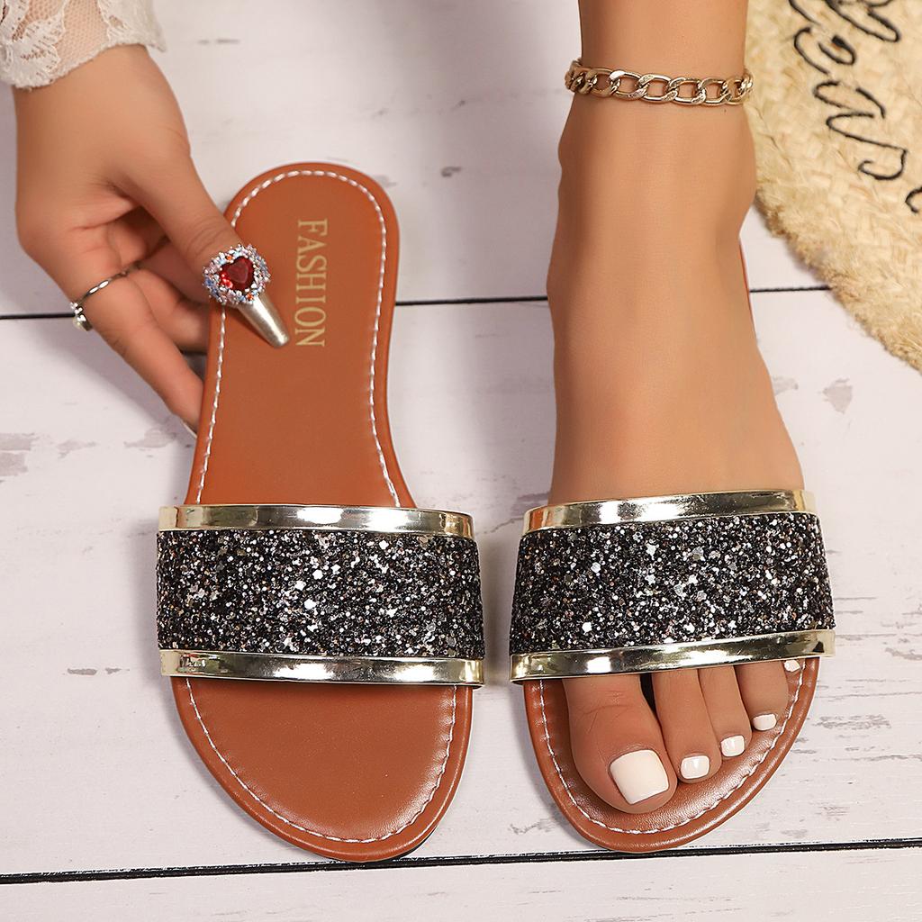 Large size summer new one-word sequined sandals women's wear square head open-toed flat-bottomed beach women's sandals