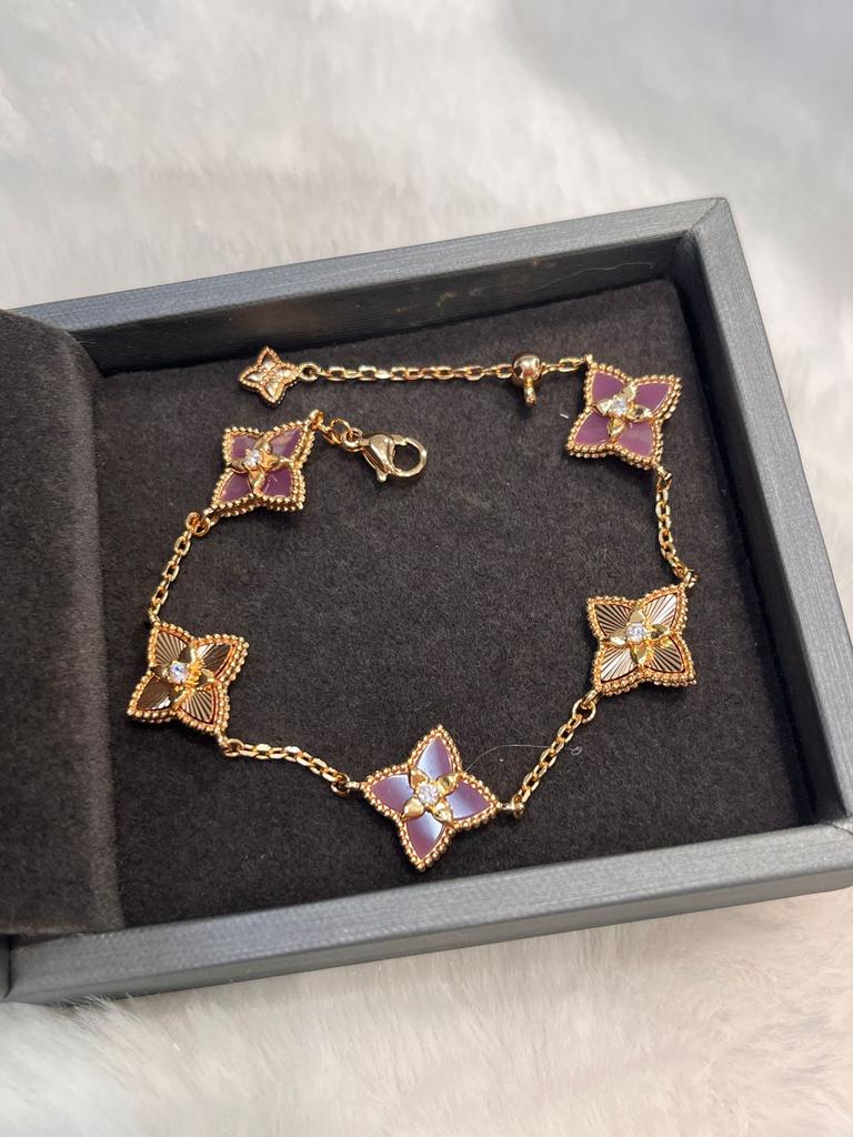 Light Luxury Powder Shell Purple Chalcedony Laser Four-Leaf Clover Five-Flower Bracelet Retro Court Style Sweet Temperament Necklace