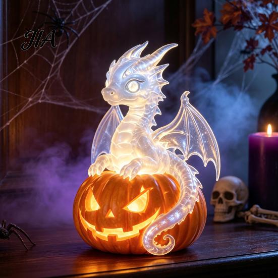 Handmade Three Dimensional Figures Halloween Pumpkin Night Light, Resin LED Dragon Tabletop Lamp, Witch Dark Fairy Tale Table Lamps Hat Black Cat Crow