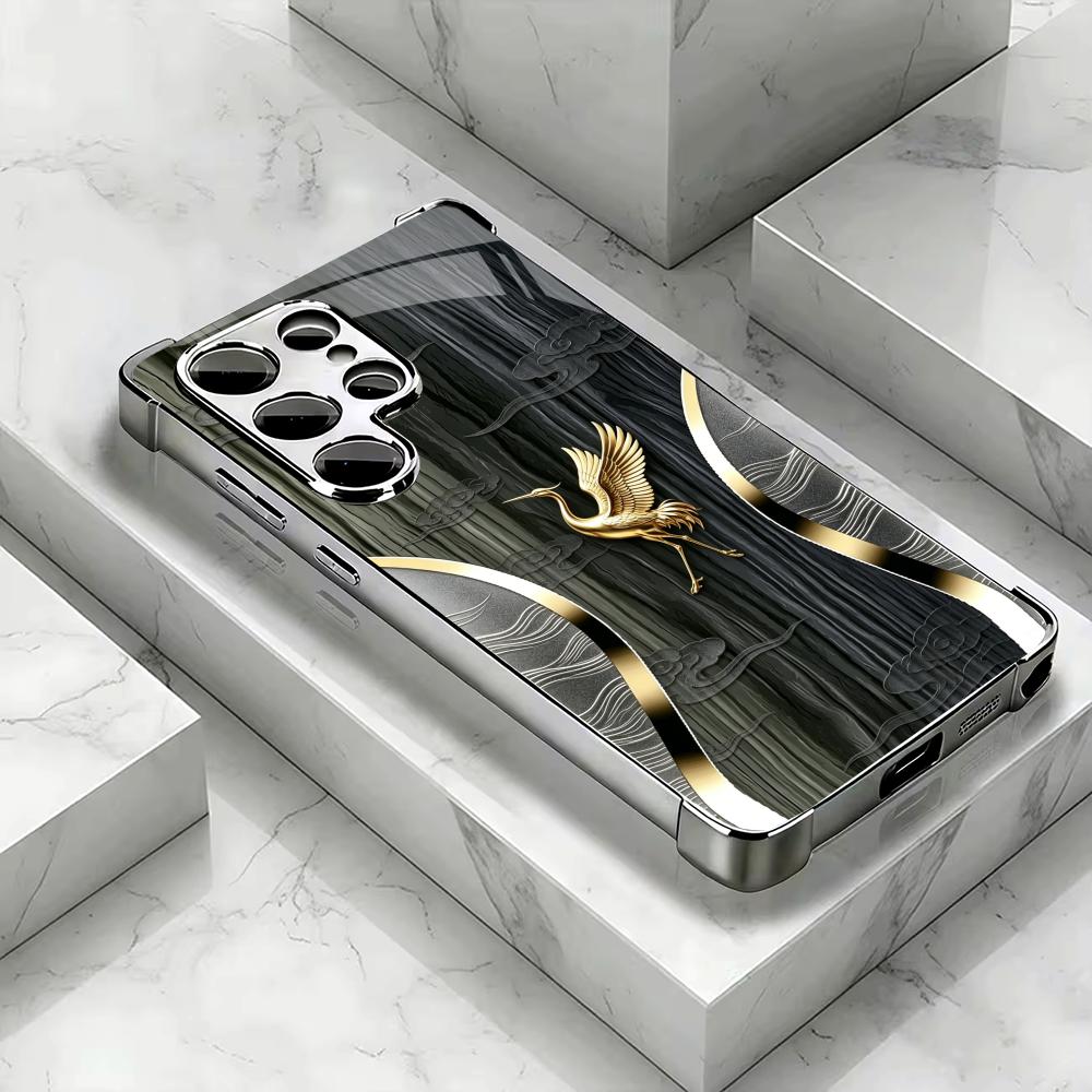 Wood Grain Golden Crane phone case s26 ultra case glass mobile phones for Samsung Galaxy S26 S25 S24 S23 S22 FE Ultra Plus