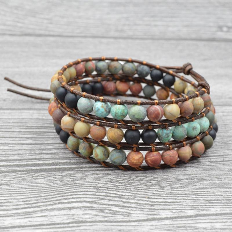 Milangirl Bohemia Jewelry Bracelets 6MM Matte Stone Wrap Leather Bracelets Vintage 3 Strands Multilayer Woven
