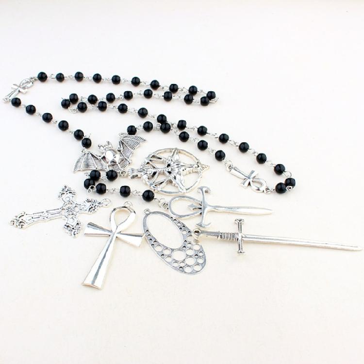 Gothic Punk Cool Rosary Beaded Necklace Ankh Cross Black Beads Bat Necklace