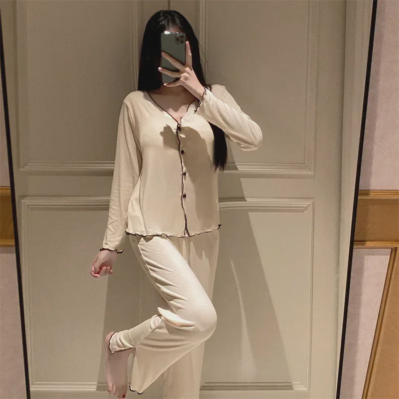 Taro Purple Modal Cotton Women's Pajamas, French Style, Long Sleeves, Sweet Design with Breast Pads, Perfect for Spring and Autumn.