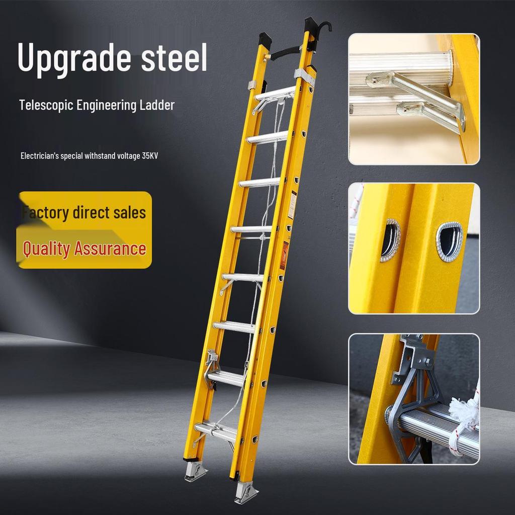 Insulated Telescopic Ladder with Iron Feet & Aluminum Alloy Crossbar - Electrician's Fiberglass Lifting Ladder