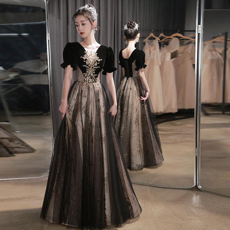 Black Evening Dress Light Luxury Niche Annual Meeting French Hepburn Style Princess Dress Host Adult Art Examination Chorus Performance Dress