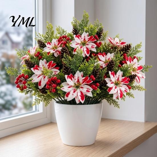 Home Interior Floral Accents 5 Heads Artificial Poinsettia Flowers, Christmas Fake Pine Berry Decoration, Flowers Fade-Resistant Red And White