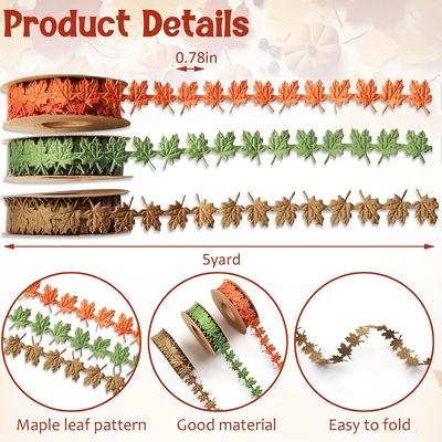 New 3 Rolls 15 Yards Fall Ribbons Leaf Shape Craft Ribbons Trim for Gift Wrapping