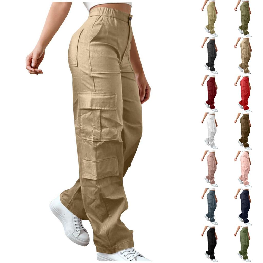 Womens Elastic High Waisted Cargo Pants Stretch Casual Wide Leg Streetwear Parachute Hiking Pants With Pockets