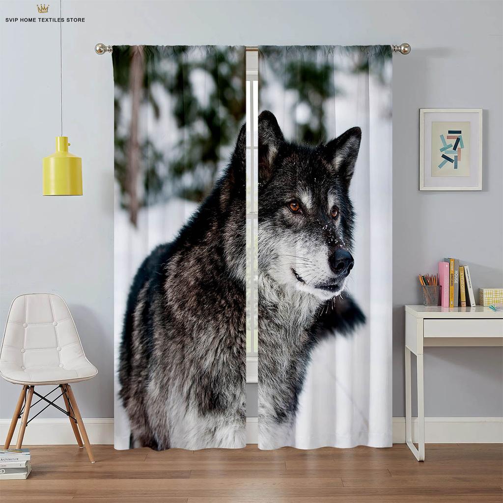 Tier Star und Wolf 3D-gedruckte Vorhänge, Geeignet für Schlafzimmer, Wohnzimmer, Arbeitszimmer, Küche, Fensterdekoration, 2 Stück