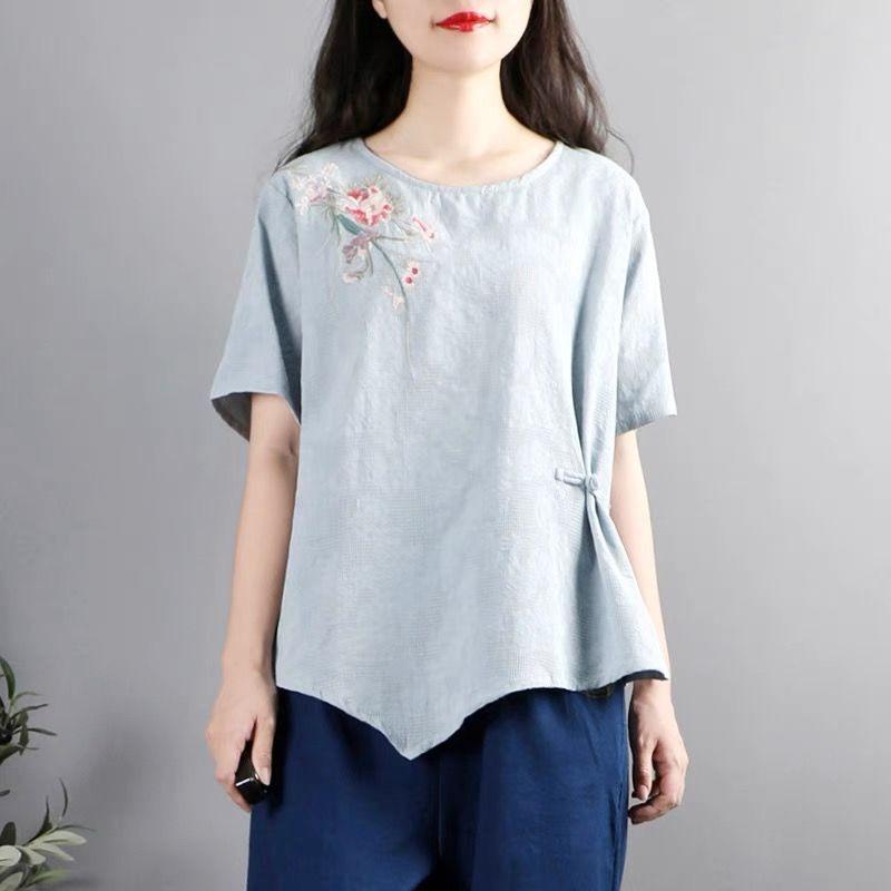Women Chinese Style Pink Shirt Frog Button Embroidery Casual Blouse