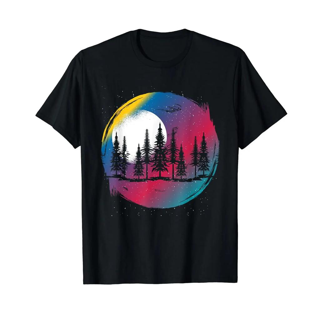 Outdoor Moonlight Forest Tree Full Moon Colourful Nature T Shirt black s vintage Washed graphic