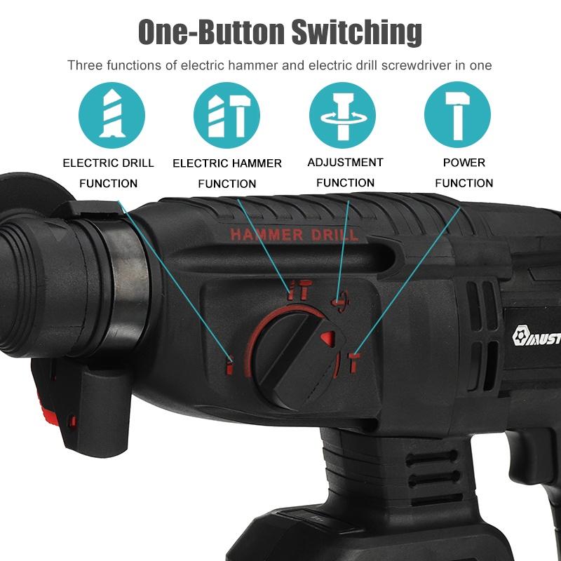 4 IN 1 2 Batteries Rechargeable Electric Hammer Impact Drill for 18V Brushless Cordless Rotary Hammer Drill