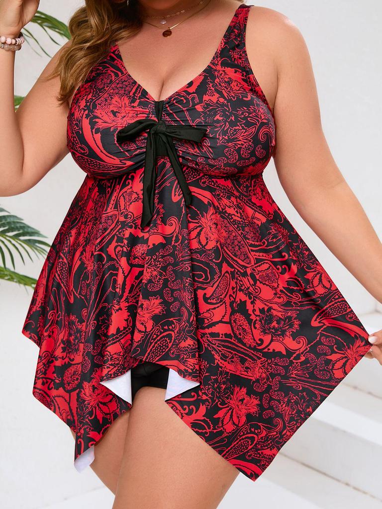 2026 European American Plus Size Slimming Two-Piece Skirted Swimsuit for Women - Multi-Color Print