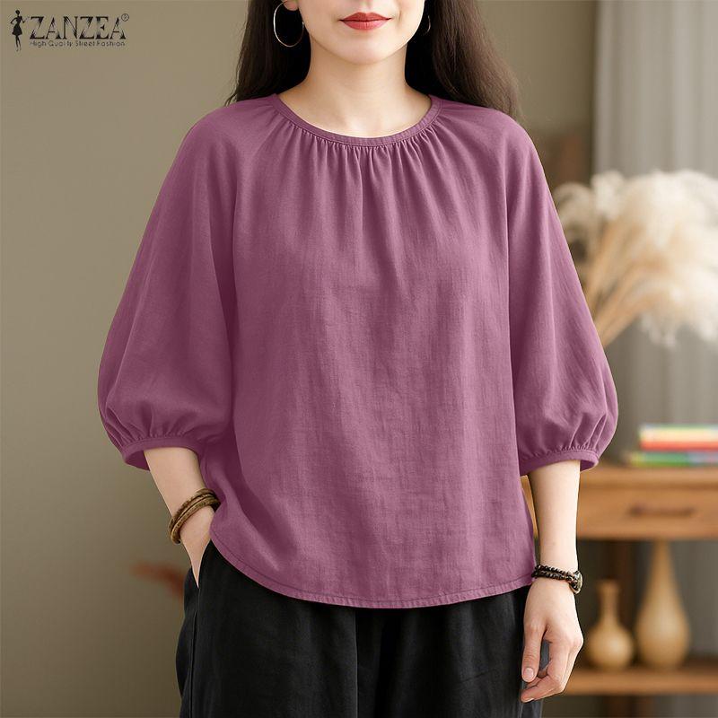 ZANZEA Women Casual 3/4 Sleeve Solid Color Loose Round Neck Blouse