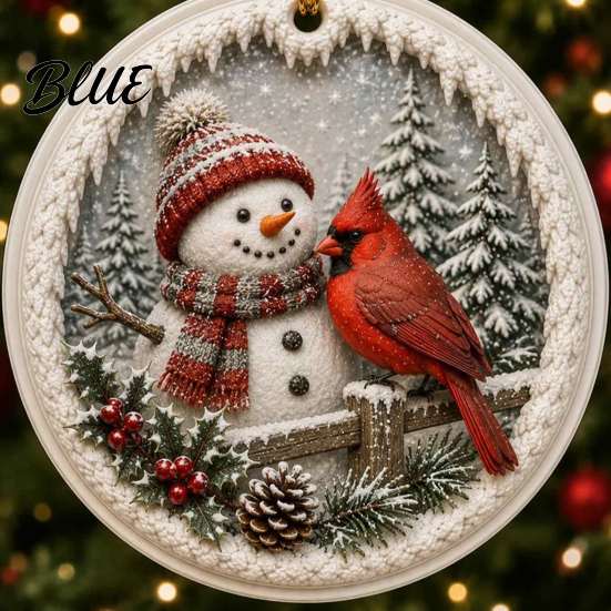 Festive Hanging Decor Acrylic Christmas Red Bird Ornament, Snow Scene Pattern Xmas Tree Ornaments Decor, Retro Round Pendant for Winter Holiday Party