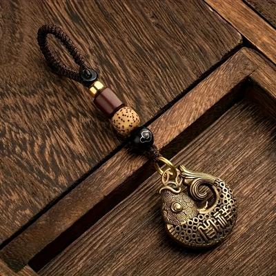 1pc Hand-braided Rope Pure Brass Metal Auspicious Goldfish Retro Pendant Car Keychain Hollow Design Pendant Creative Gift For Men