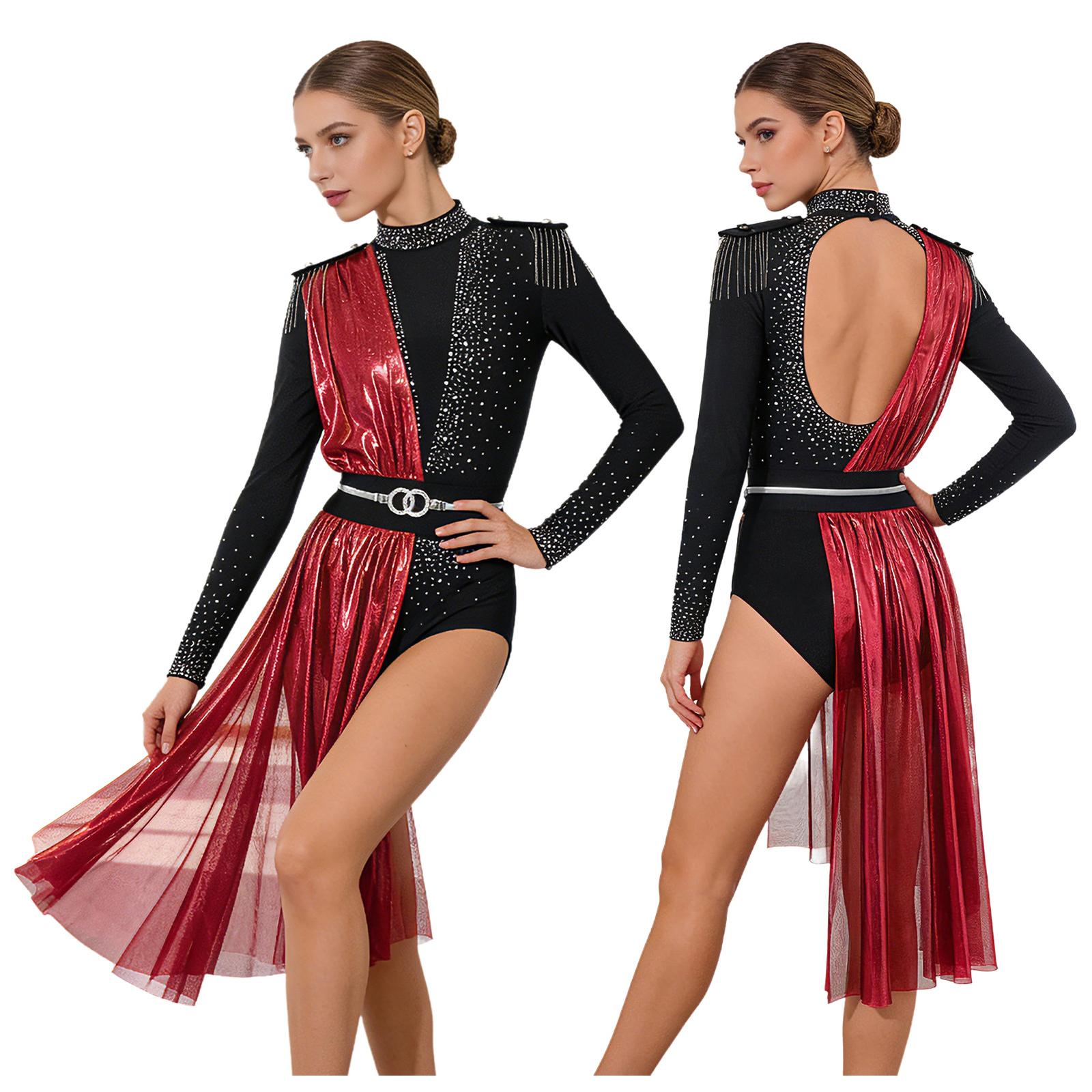 

Women Sparkly Rhinestone Bodysuit Tassel Shoulder Boards Metal Belted Asymmetrical Leotard Long Sleeve Metallic Drape Back Cutout Stage Performance XL червоний