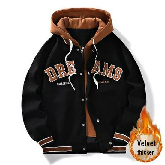 Men's Casual Hooded Jacket - Spring/Autumn 2025 Trendy Embroidered Baseball Style, Fake Two-Piece Design for Couples
