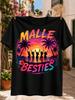 Malle Besties Featuring Five Friends Silhouettes Circular Sunset Palms and Bright Tropical Flowers Unisex All TShirt