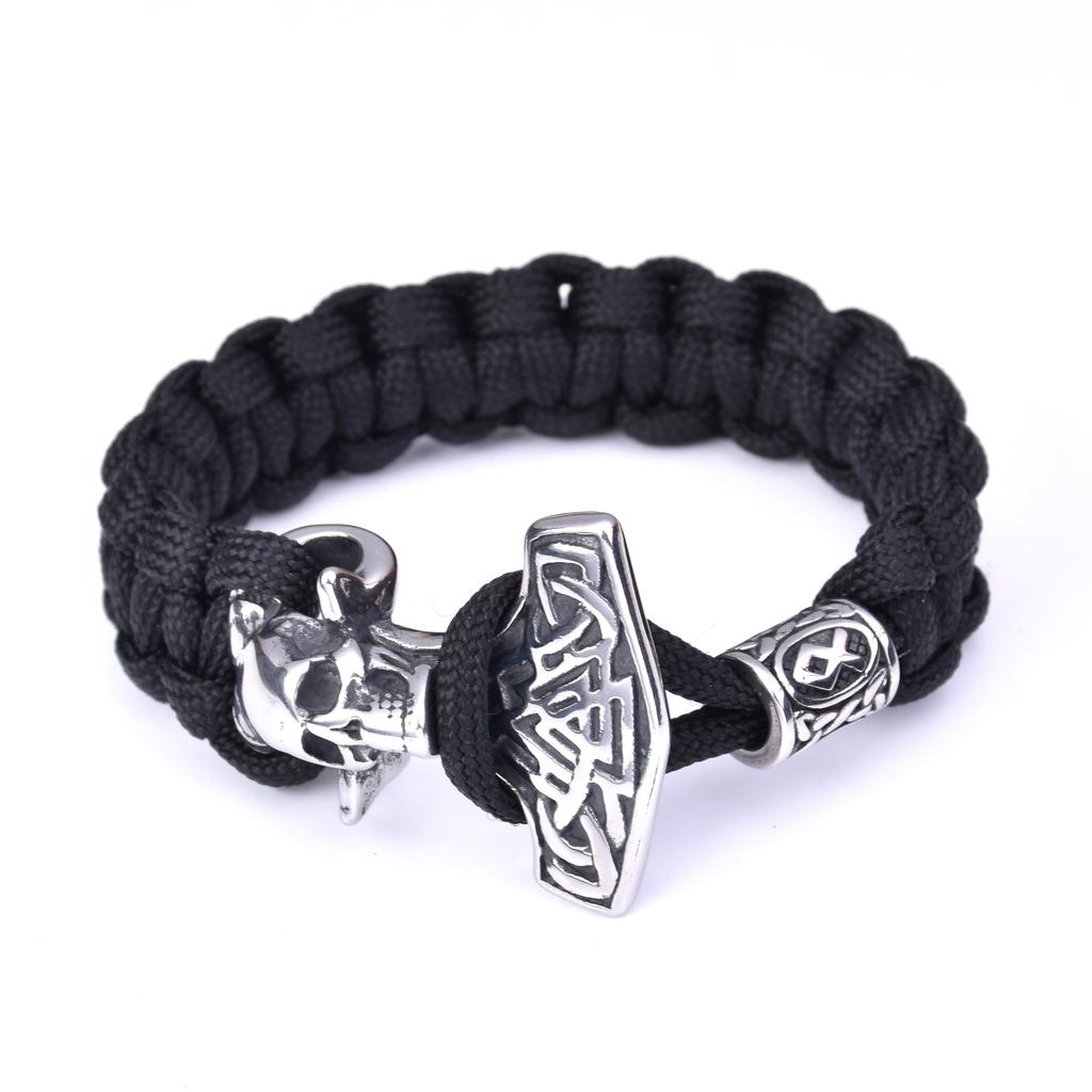 Pulsera Vikinga para Hombre de Acero Inoxidable Cabeza de Fantasma Martillo de Thor Trenzada con Cuerda de Paraguas Pulsera de Supervivencia para Exteriores