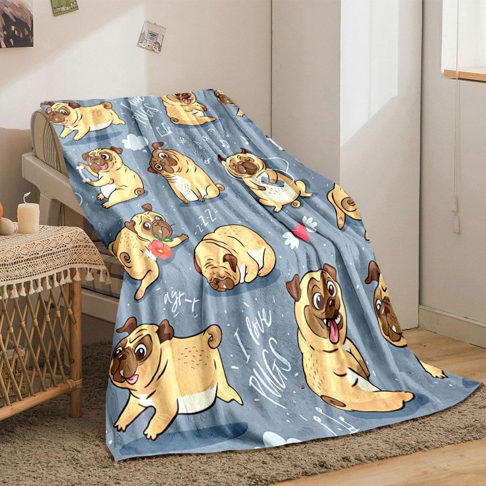 Adorable Cartoon Pugs Cozy Throw Blanket Bedroom Blanket for Livingroom Couch Lunch Break Soft Throw for Friend's Festival Gift