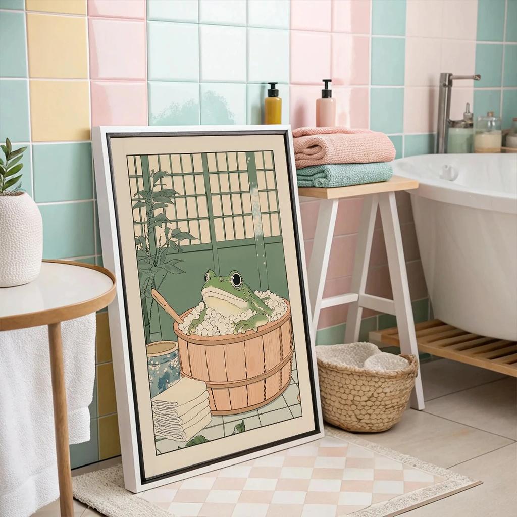 Japanese Frog in A Bathtub Print Poster Vintage Cute Fun Animal Canvas Painting Bathroom Home Decor Poster Gifts-unframed