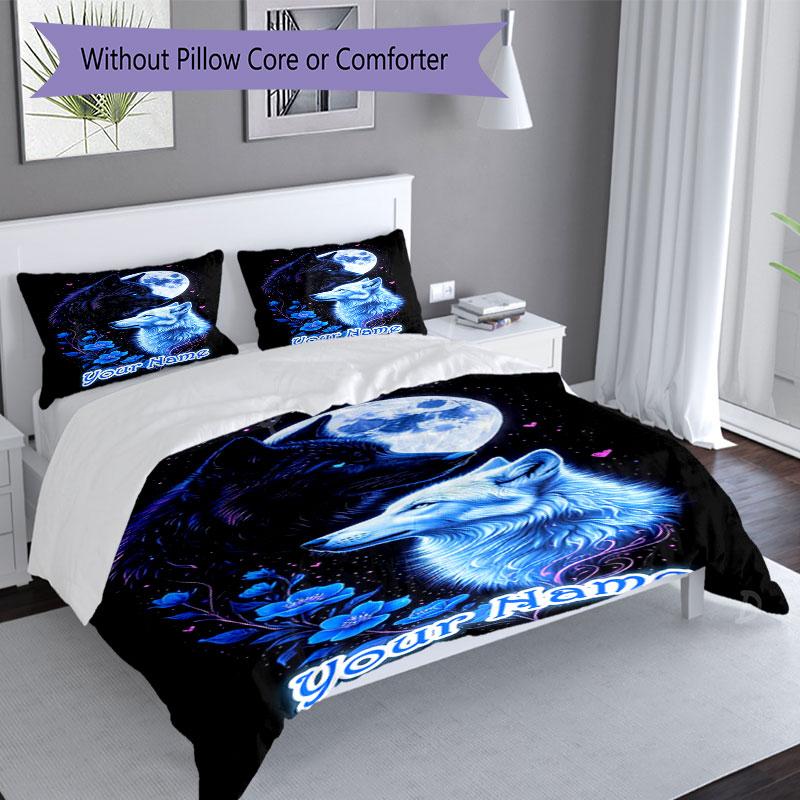 3PC Custom Name Wolf Moon Night Bedding Set Printed Bedding Set Duvet Cover Closure Includes 1 Duvet Cover & 2 Pillowcases for All Seasons Bedroom