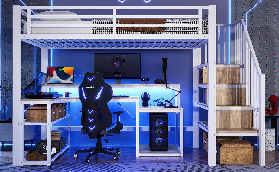 Loft bed, 90 x 200 cm, iron frame, storage, staircase with storage, safety railing, LED light strip, desk, USB port, without mattress, white