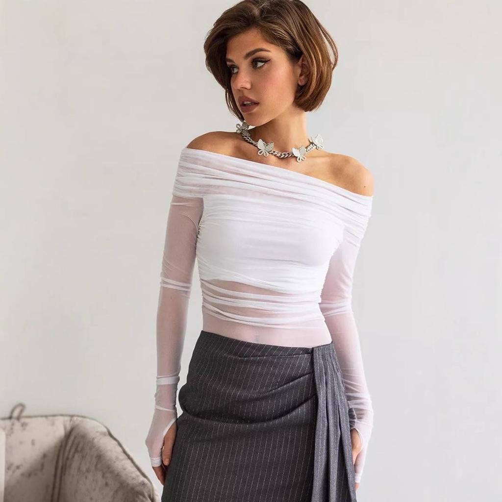 European & American Women's Fashion Autumn/Winter One-Shoulder Sexy Mesh Long-Sleeve T-Shirt