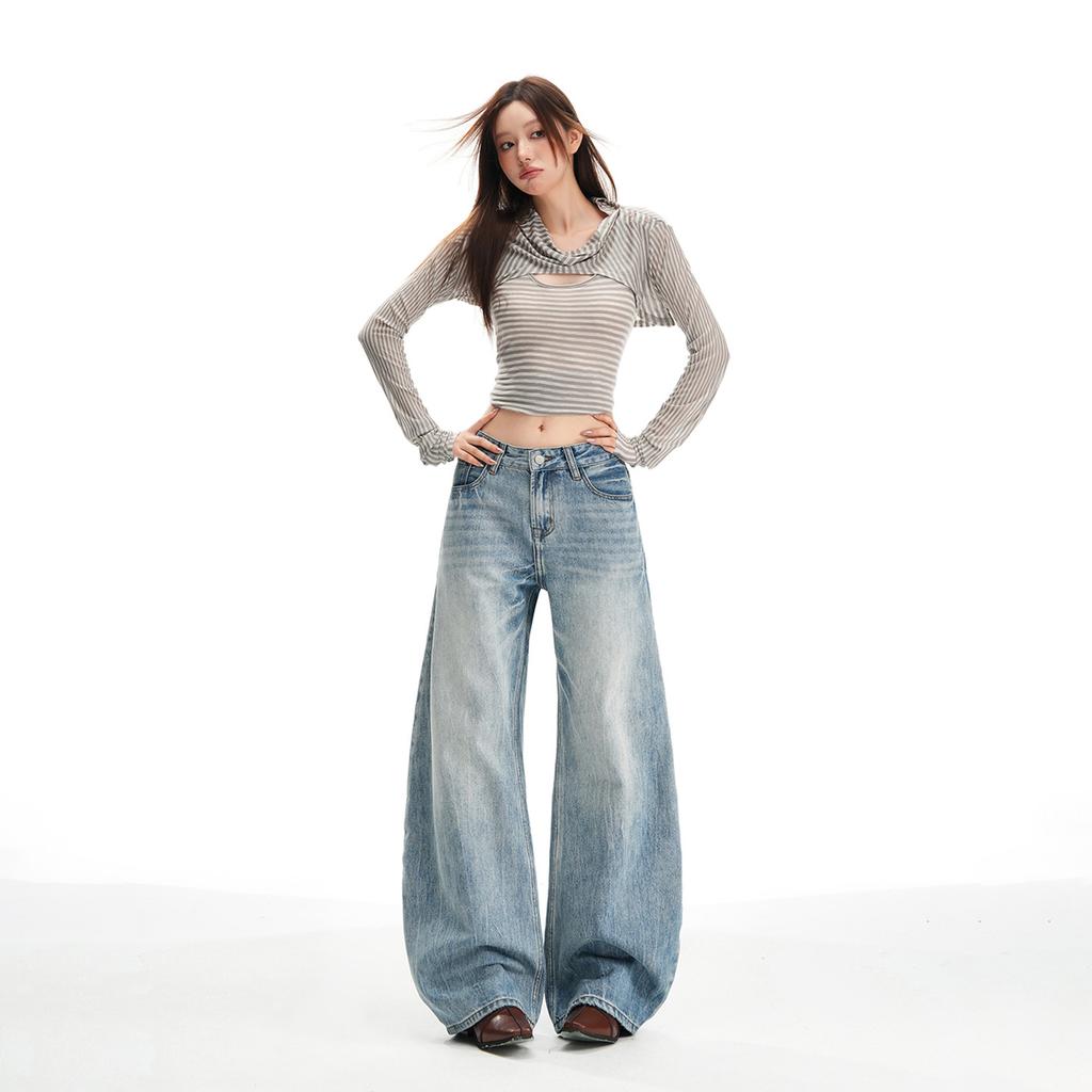 American scimitar wide-leg jeans women's spring and autumn new Spice Girl high-waisted loose and thin straight floor pants