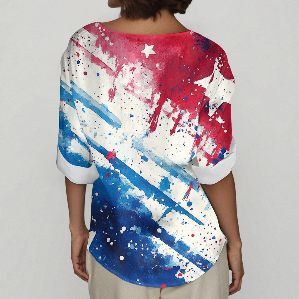 Women's Fashion Casual Button V-Neck Cotton And Linen Independence Day Printed Seven Sleeve T-Shirt Top
