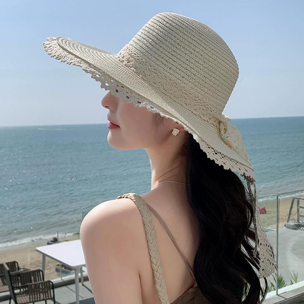 Straw Boater Wide Sun Super Slimming Beaded Actress Lace Ribbon Free [easylivegogo] Women's Hat, Hat, Brim, Hat, Breathable, Quick-Drying, Cool,