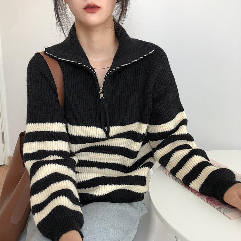 2026 Women's Striped Half-High Collar Zipper Pullover - Soft, Cozy Korean-Style Knitwear for Spring and Autumn