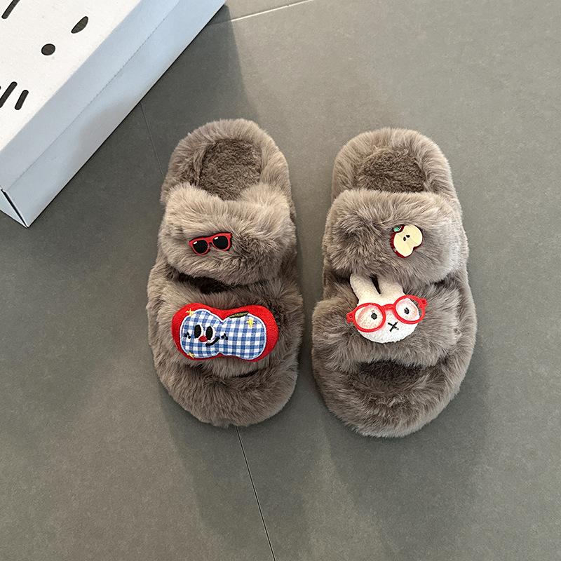 Cute cartoon fluffy slippers for women to wear autumn and winter new retro versatile cotton slippers thick-soled fluffy shoes