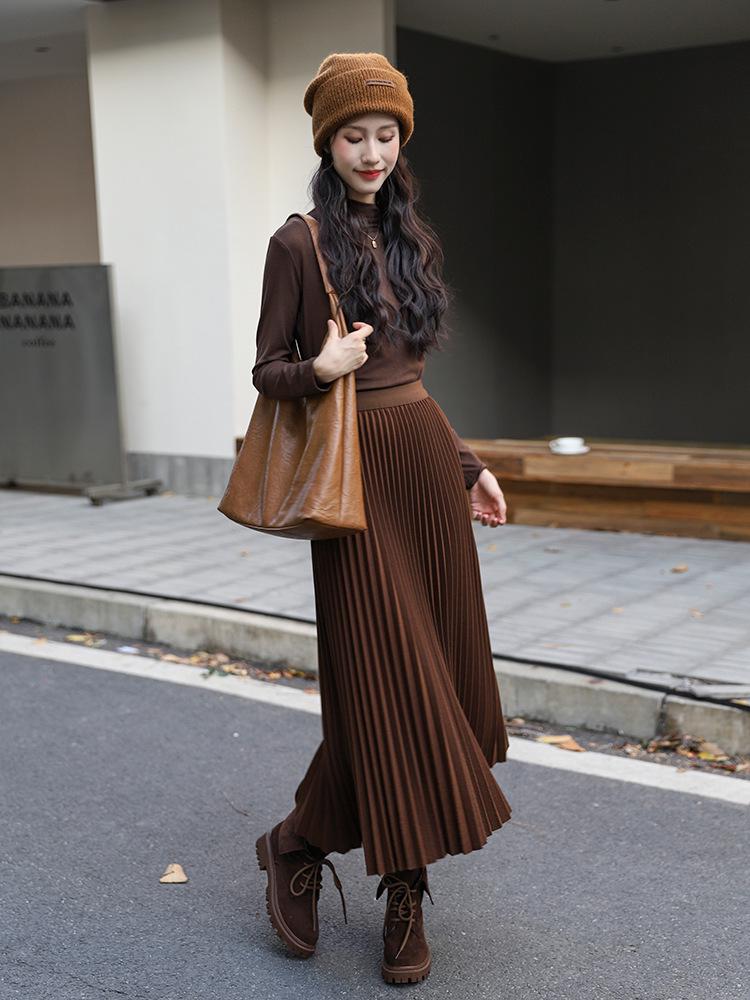 Winter 2024 Women's High-Waisted Wool Blend Pleated Midi Skirt – Slimming A-line Casual Style