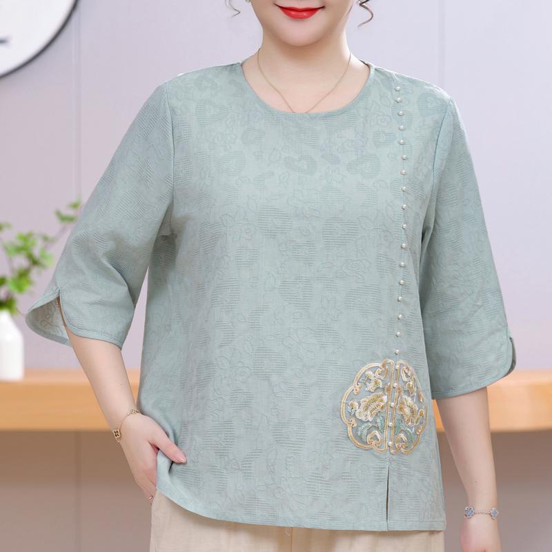 Women's Plus Size Chinese Embroidery Top – 3/4 Sleeve Round Neck Textured Blouse (Sizes 3XL-8XL) for Middle-Aged Ladies