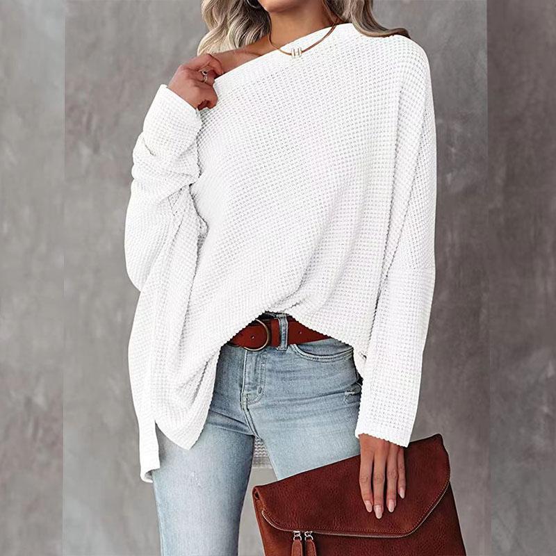 Spring and Autumn Women's T-shirt Casual Off-shoulder Bat Long Sleeve Waffle Knitted Oversized Pullover Sweater Pullover Tops