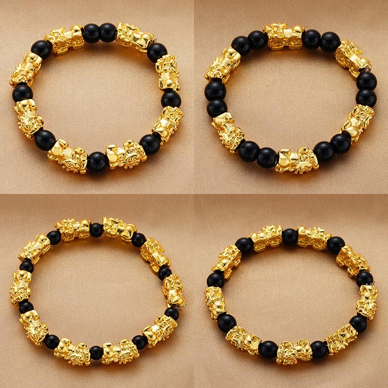 Black and Red Agate Couple's Pixiu Bracelet Sand Gold Bracelet Gold-plated Hand Jewelry Beads for Men and Women